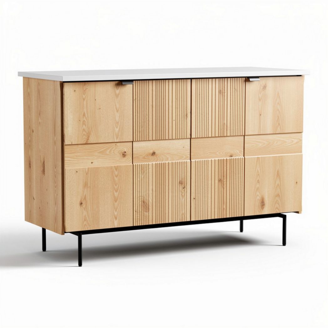 Wooden sideboard with storage cabinets and black metal legs 90 x 45 x 75cm