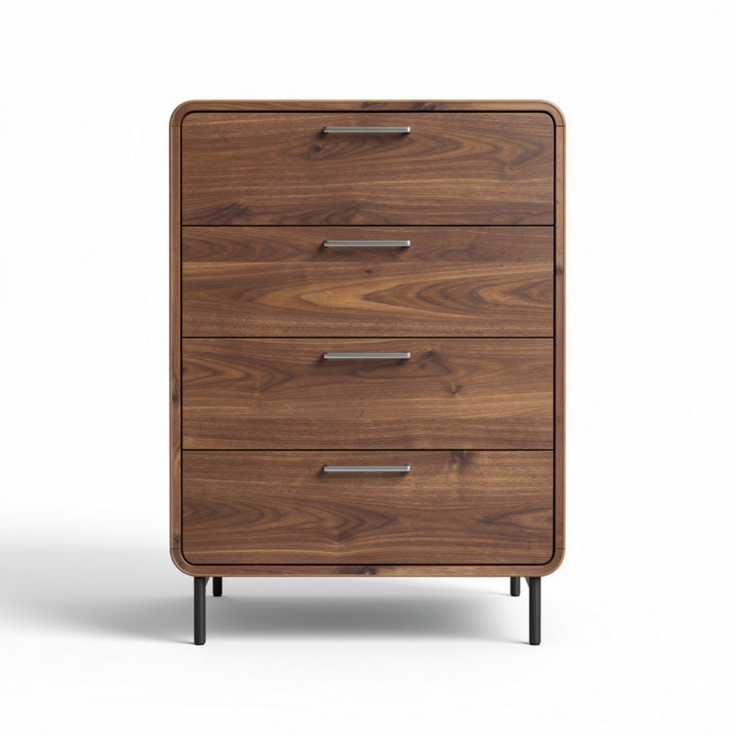 Wooden four-drawer storage cabinet in walnut finish with metal handles 40 x 80 x 100cm