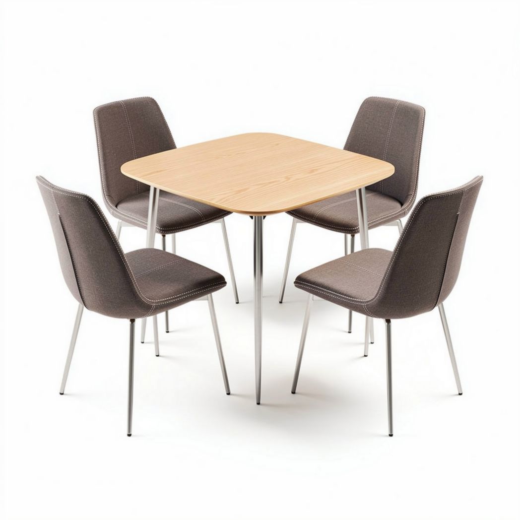 Wooden dining table with upholstered chairs set in light brown 90 x 90 x 75cm