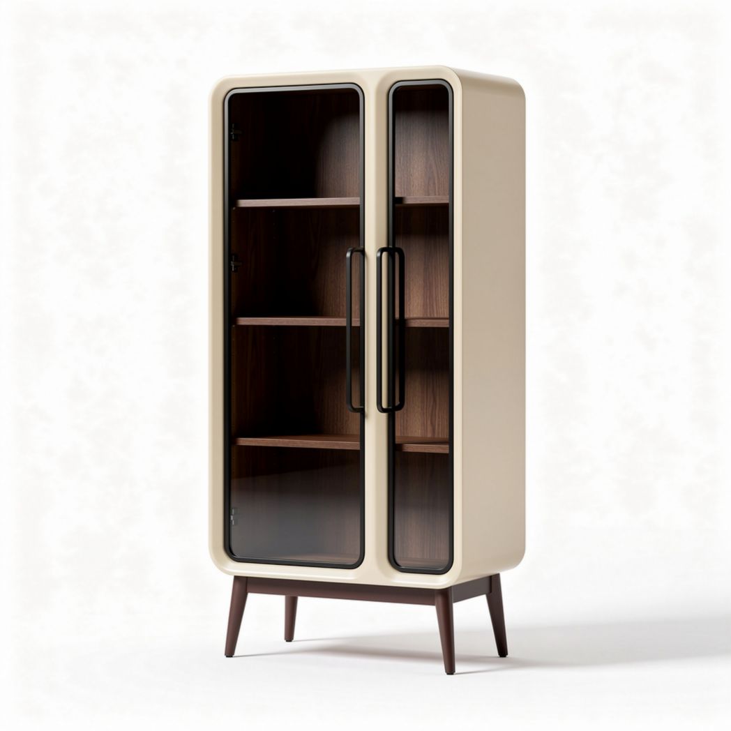 Glass door storage cabinet with wooden shelves 80 x 40 x 150cm cream color