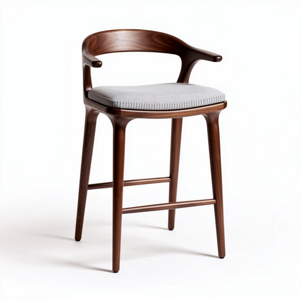 Wooden bar stool with gray fabric cushion and curved backrest 40 x 40 x 100cm