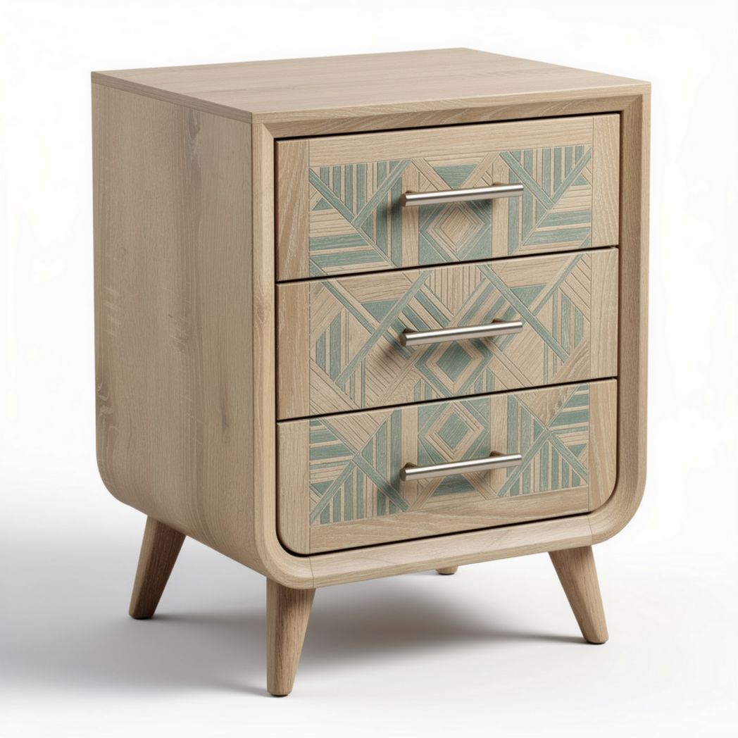 Wooden nightstand with three drawers and geometric design 40 x 30 x 60cm